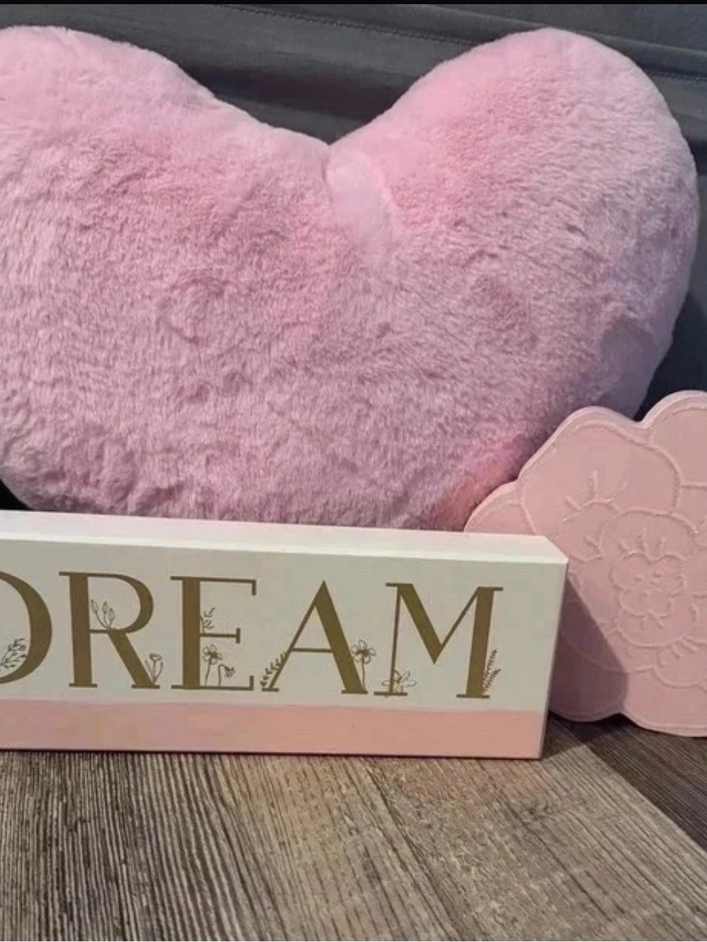 Pink “DREAM” bundle. Plush Heart Throw Pillow, decorative sign and flower.